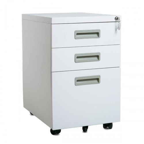 Office 3-Drawer Mobile Metal File Cabinet with Keys White with Plastic Handle 15.5 x 20.5 x 24.5